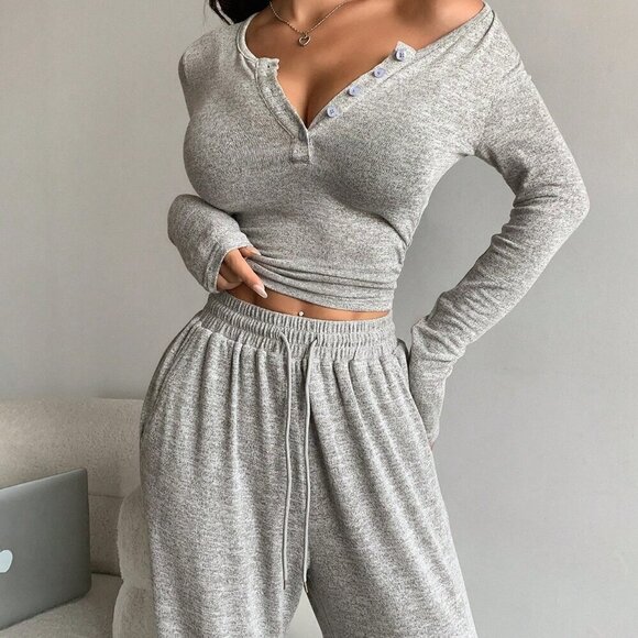 Light Grey Casual Women's Solid Color Button Long Sleeve T-Shirt And Pants Set - Picture 1 of 7